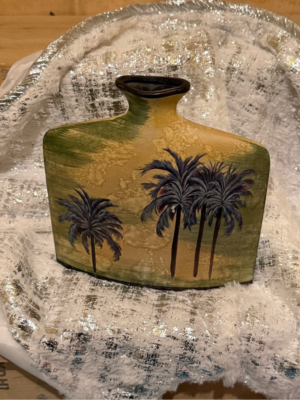 Decorative Palm Tree Ceramic Vase in Green and Yellow